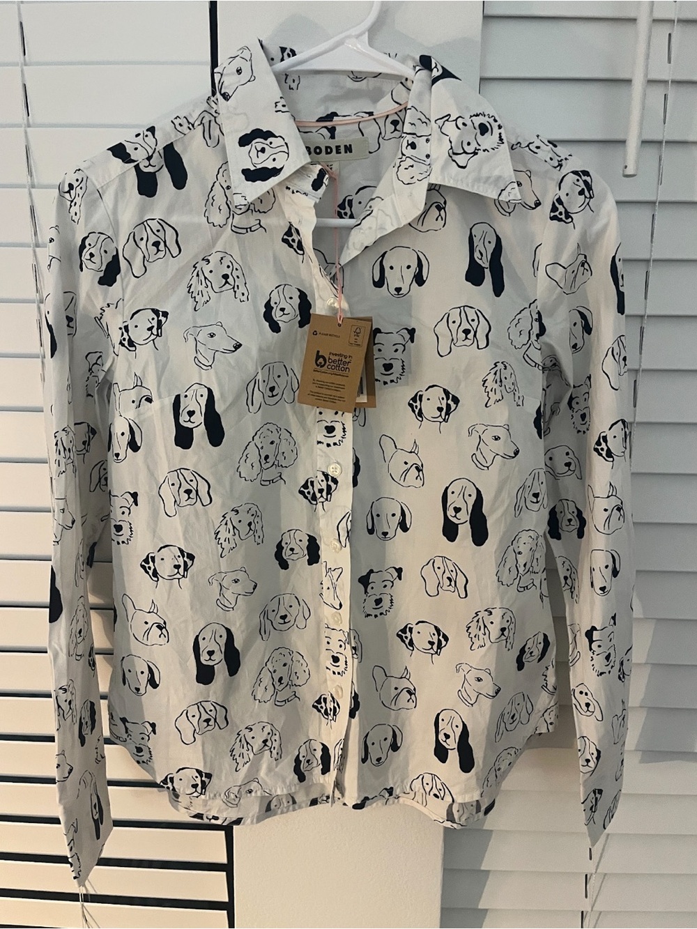 Boden White Button-Down Shirt with Black Dog Face Print